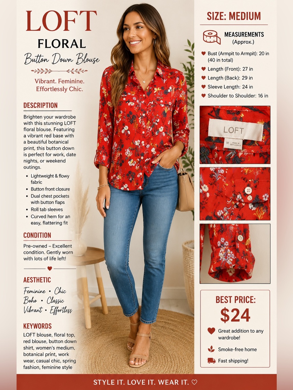 LOFT Red Floral Button-Front Blouse Jacket